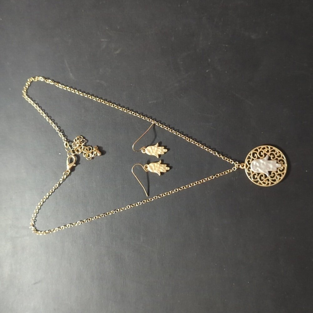 Gold and Silver Tone Hamsa Hand Pendant Statement Necklace and Earrings Set